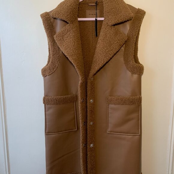 BLANKNYC Faux Leather & Shearling Long Vest Brown Sherpa Collar Sleeveless - Picture 5 of 6